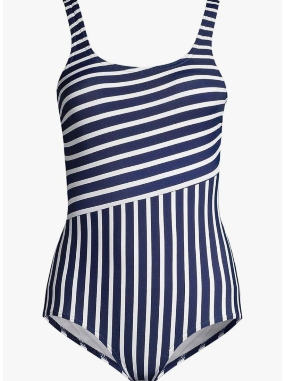 Women's Lands' End One Piece Swimsuit Black White Stripe Size L Full Coverage
